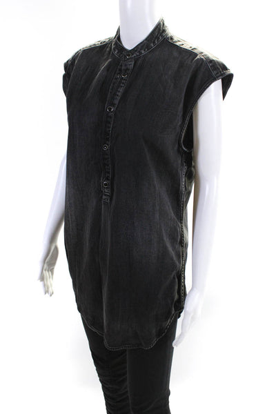 BLK DNM Womens Solid Sleeveless V Neck Half Button Demin Shirt Gray Size S