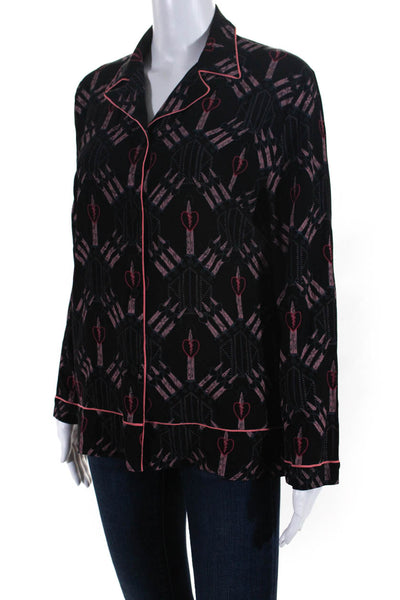 Valentino Women's Sleeveless Printed Button Up Blouse Black Size S