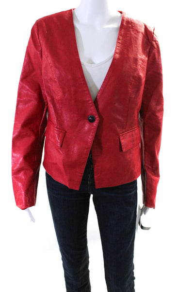 Black Rivet Womens Solid Faux Leather Asymmetrical Long Front Jacket Red Size L