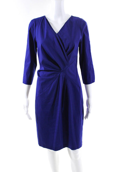 Lafayette 148 New York Womens V Neck Zippered Long Sleeved Dress Blue Size 6