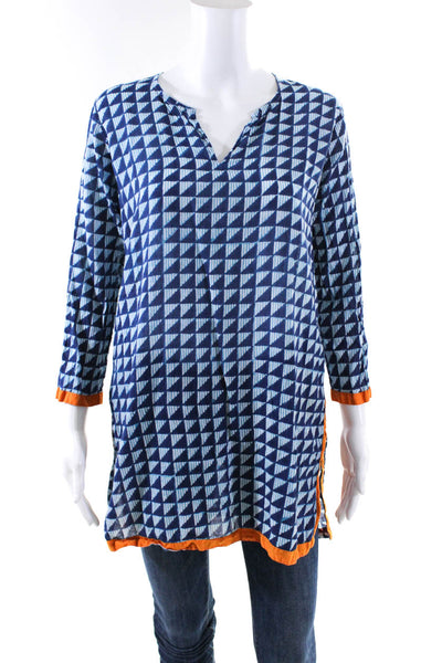 Oliphant Womens Blue Cotton Printed V-neck Slits Long Sleeve Tunic Top Size S