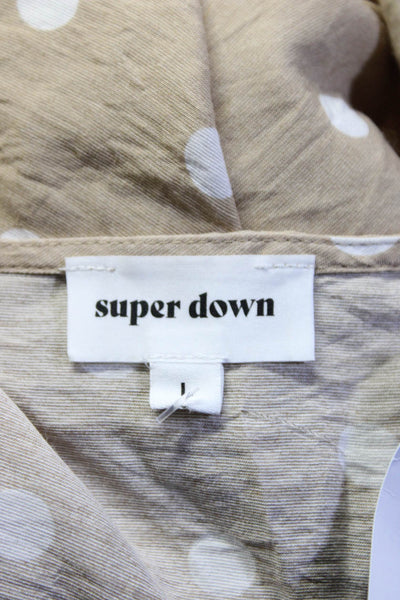 Super Down Womens Long Sleeve Cut Out Deep V Neck Polka Dot Shirt Brown Large