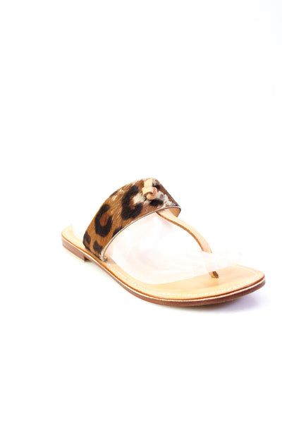 Balibaris Womens Leather Jaguar Print T-Strap Sandals Beige Brown Size 9US 39EU