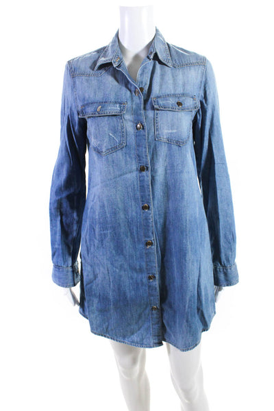 Current/Elliott Womens Blue Cotton Collar Long Sleeve Shirt Dress Size 1