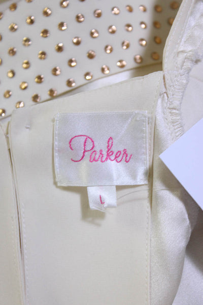 Parker Womens Silk Studded Button Up Back V-Neck Sleeveless Blouse Beige Size L
