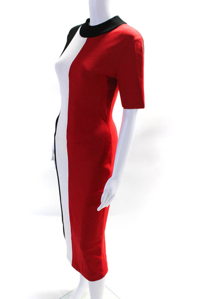 Solace London Womens Short Sleeve Mock Neck Midi Sheath Dress Red White Black 4