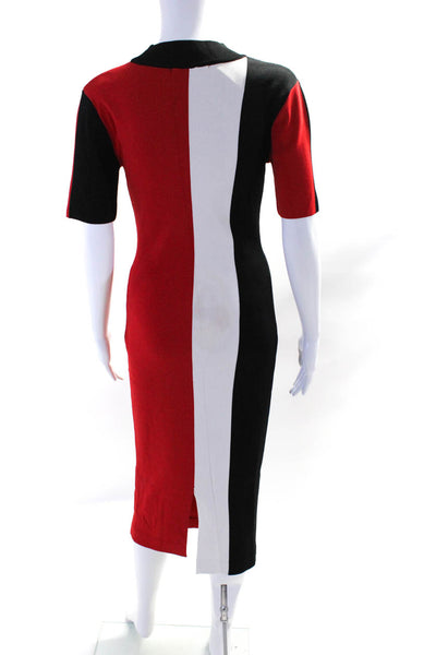 Solace London Womens Short Sleeve Mock Neck Midi Sheath Dress Red White Black 4