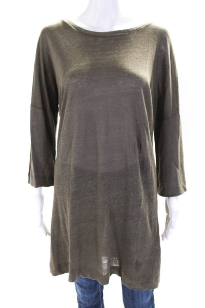 Massimo Dutti Womens Linen Boat Neck 3/4 Sleeve Tunic Top Olive Gray Size L