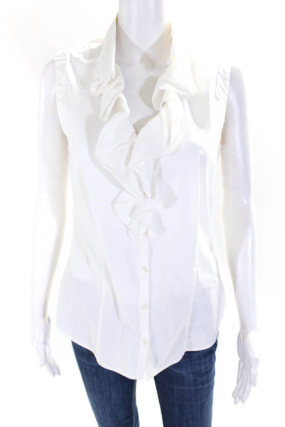 Adrienne Vittadini Womens Cotton Ruffled Sleeveless Button Up Top White Size 8
