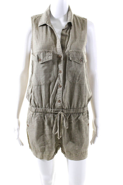 Bella Dahl Womens Collared Button Down Sleeveless Romper Olive Green Size S