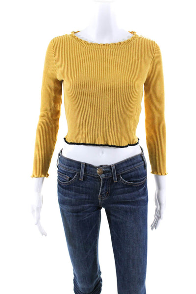 For Love and Lemons Women's Ribbed Knit Lettuce Trim Blouse Yellow Size S
