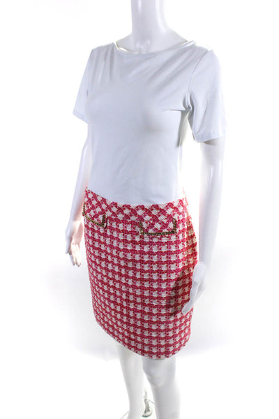 Etcetera Womens Chain Pocket Knee Length Tweed Pencil Skirt Red Pink White Sz 4