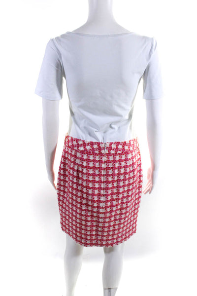 Etcetera Womens Chain Pocket Knee Length Tweed Pencil Skirt Red Pink White Sz 4