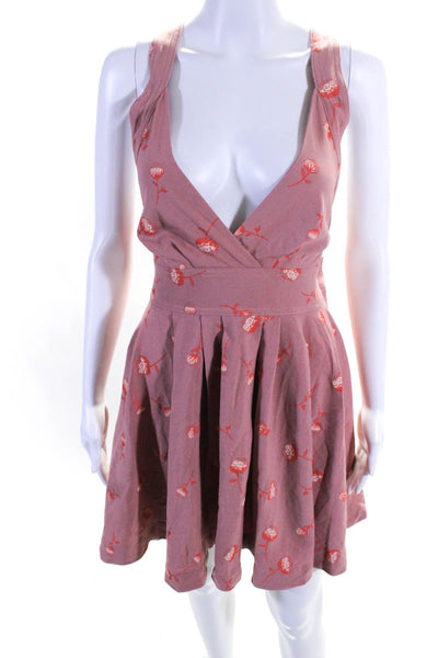 Free People Womens Pleated Floral V Neck Mini A Line Dress Blush Pink Size 8
