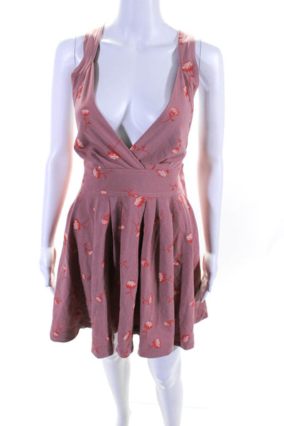 Free People Womens Pleated Floral V Neck Mini A Line Dress Blush Pink Size 8