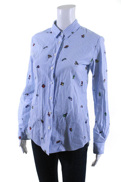 Mira Mikati Womens Cotton Striped Collared Button Up Blouse Top Blue Size 4