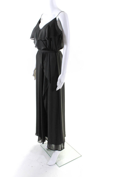 Nouvelle Womens Ruffled Belted Ruched V-Neck Sleeveless Maxi Gown Gray Size S