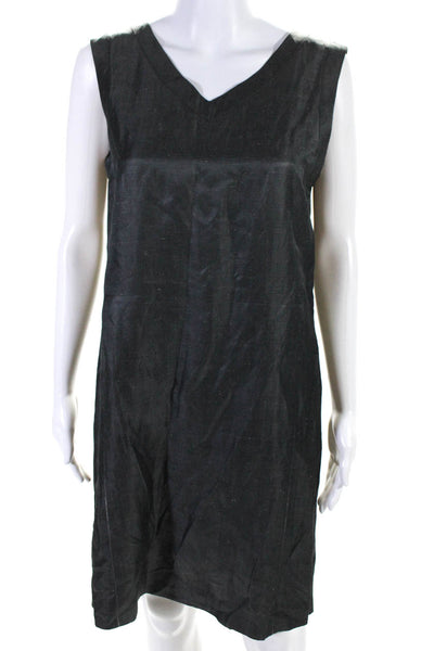 DKNY Womens V Neck Sleeveless Sheath Dress Gray Silk Linen Size Large