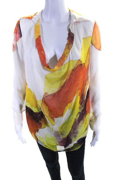 Haute Hippie Womens Silk Abstract Print Round Neck Collar Blouse Orange Size XS