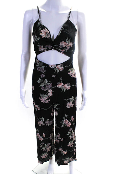 Flynn Skye Womens Spaghetti Strap V Neck Cut Out Floral Jumpsuit Black Size XS