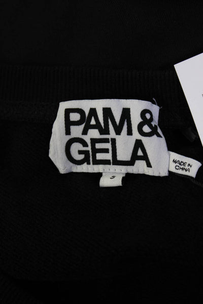 Pam & Gela Women's Cotton Long Sleeve Crew Neck Lace Up Top Black Size S