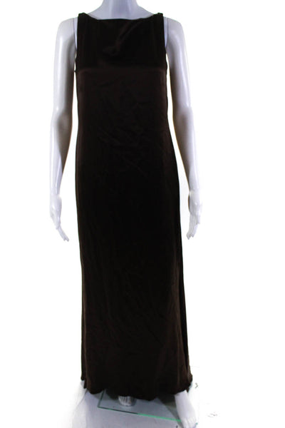 Naeem Khan Womens Zip Up Crystal Pearl Back Scoop Neck Satin Gown Brown Size 4