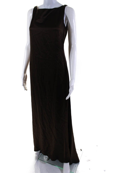 Naeem Khan Womens Zip Up Crystal Pearl Back Scoop Neck Satin Gown Brown Size 4