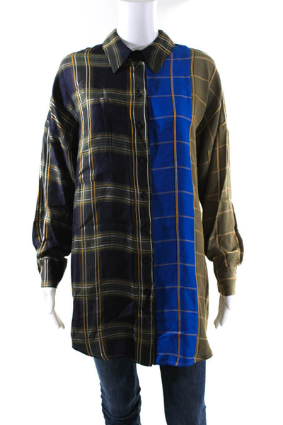 Tela Womens Button Front Collared Plaid Oversized Shirt Blue Brown Size XS