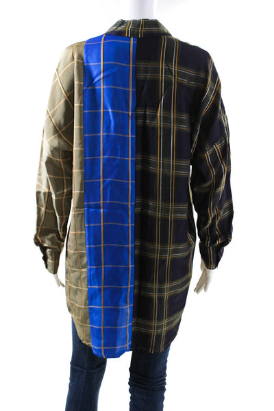 Tela Womens Button Front Collared Plaid Oversized Shirt Blue Brown Size XS