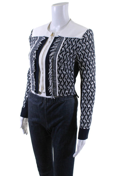 Roland Mouret Womens Embroidered Fringe Jacket Navy Blue White Size 4