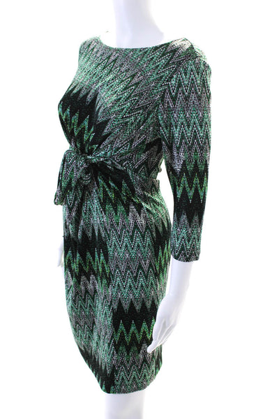 Sharagano Womens Zig-Zag Print 3/4 Sleeve Knee-Length Dress Green Black Size 4