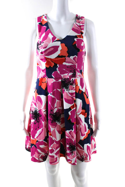 Trina Trina Turk Womens Floral Pleated V Neck Short Dress Pink Blue Size 2