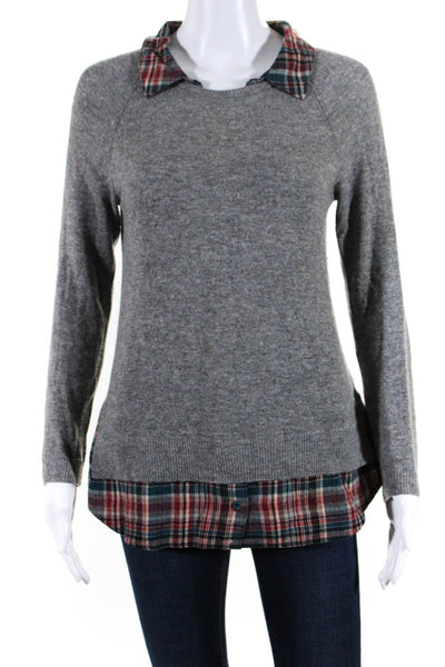 Joie Womens Cashmere Layered Plaid Long Sleeve Collared Sweater Gray Size 2XS