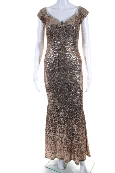 Badgley Mischka Womens Sequin Sweetheart Off Shoulder Gown Rose Gold Size 4