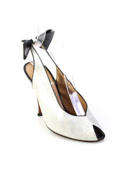 Maud Frizon Womens Stiletto Peep Toe Bow Slingbacks Pumps White Black Size 36