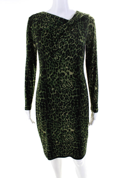 David Meister Womens Back Zip Knotted V Neck Leopard Sheath Dress Green Black 6