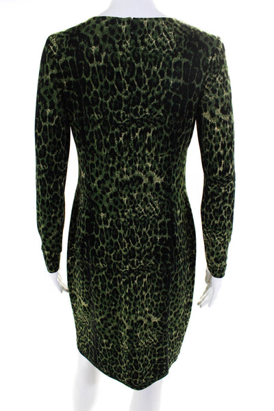 David Meister Womens Back Zip Knotted V Neck Leopard Sheath Dress Green Black 6