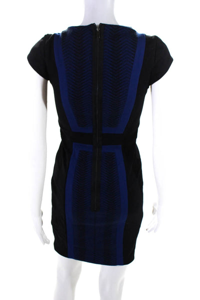 BCBGMAXAZRIA Womens Black Blue Printed Crew Neck Short Sleeve Pencil Dress Size4