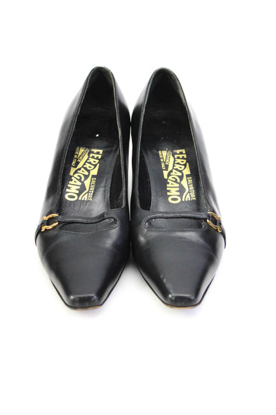 Salvatore Ferragamo Women's Leather Pointed Toe Mid Heel Pumps Black Size 6.5