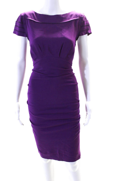Nicole Miller Collection Womens Back Zip Short Sleeve Sheath Dress Purple Silk 8