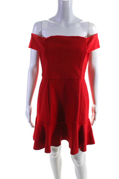 N/Nicholas Women's Knee Length Ruffle Hem Off Shoulder Dress Red Size 8