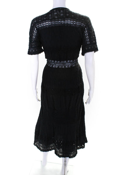 Love Sam Women's Embroidered Button Down Short Sleeve Midi Dress Black Size XS