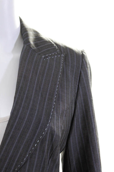 Karen Millen Womens Wool Pin Striped Top Stitched Button Up Blazer Gray Size 6