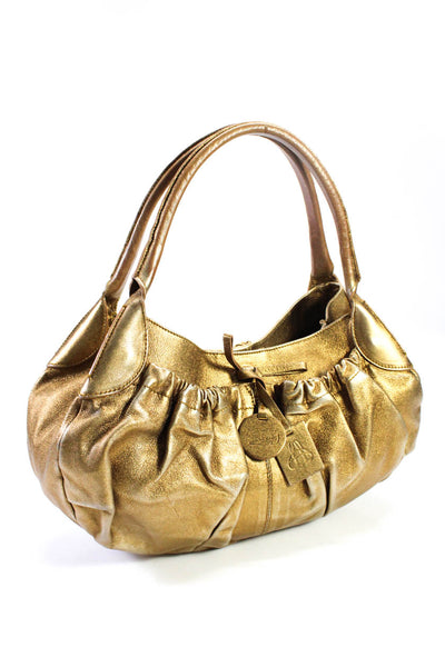 Bruno Magli Womens Double Handle Metallic Shoulder Handbag Gold Tone Leather