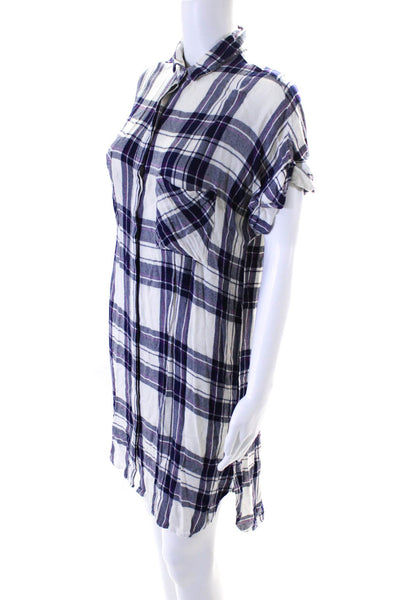 Rails Womens Button Front Short Sleeve Plaid Shirt Dress White Blue Size Medium