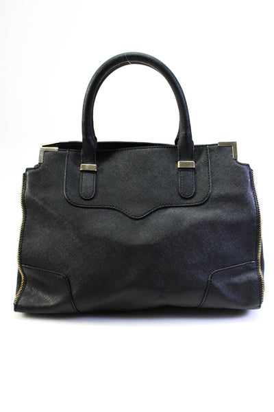 Rebecca Minkoff Womens Saffiano Leather Zipper Trim Tote Satchel Handbag Black