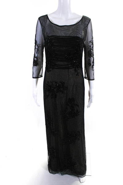 B'Zar Womens Short Sleeve Beaded Tulle Mesh Gown Dress Black Size 4