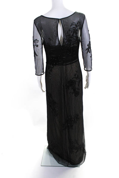 B'Zar Womens Short Sleeve Beaded Tulle Mesh Gown Dress Black Size 4