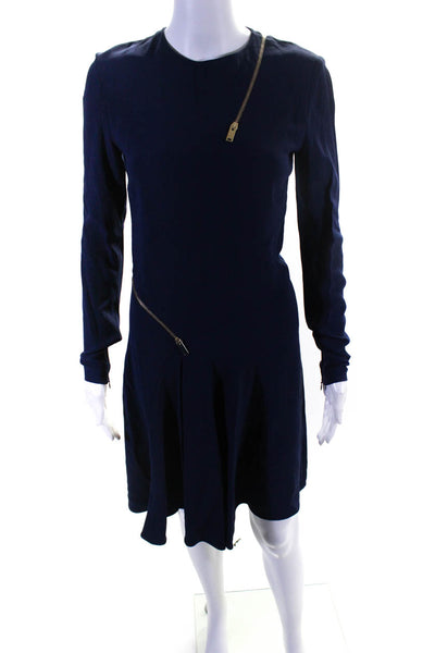 Stella McCartney Womens Woven Long Sleeve A-Line Crew Neck Dress Navy Size 38