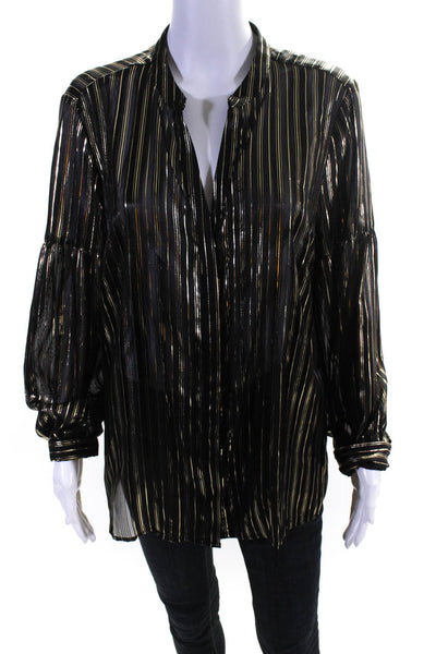 Alfani Womens Solid Metallic Striped Button Down Blouse Shirt Black Size Large